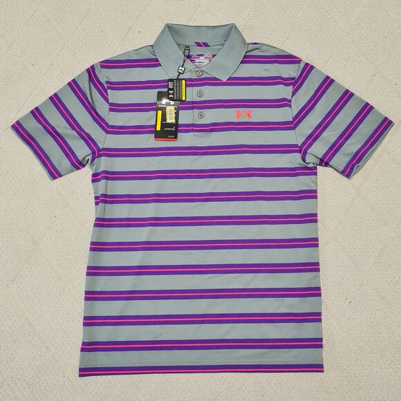 Under Armour Polo Shirt Men's MEDIUM Golf Loose Heatgear Stripe Activewear - Picture 1 of 7